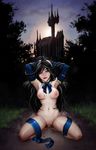  black_hair blood blue_eyes breasts castle castlevania castlevania:_order_of_ecclesia commentary detached_sleeves highres kneeling lips long_hair looking_at_viewer medium_breasts navel nipples pussy pussy_juice rina_yun shanoa smile solo spread_legs sunrise 