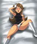  arm_up armpits bare_arms bare_shoulders bed_sheet between_legs black_dress blue_(pokemon) blue_eyes blush boots breasts brown_hair d: deadmoon_(kein2002) dress drooling earrings flipped_hair furrowed_eyebrows gloves hand_between_legs high_heel_boots high_heels highleg highleg_panties highres impossible_clothes impossible_dress jewelry knee_boots knee_up long_hair looking_at_viewer lying medium_breasts microdress nose_blush on_back open_mouth panties pokemon pokemon_special saliva sleeveless sleeveless_dress solo spread_legs sweat thighs third-party_source turtleneck turtleneck_dress underwear very_long_hair white_footwear white_gloves white_panties 