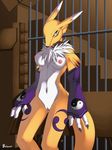  bars belmont black_nose blue_eyes breasts chest_tuft claws collar digimon facial_markings female fur gloves joseluisbelmont looking_at_viewer markings navel nipples nude pussy renamon solo standing tuft white_fur 