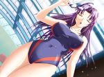  boin_ni_kakero! breasts closed_eyes competition_swimsuit covered_nipples dutch_angle game_cg goggles himeno_hitomi large_breasts long_hair non-web_source one-piece_swimsuit purple_hair senbata-rou single_vertical_stripe swim_cap swimsuit wet 