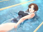 backstroke black_swimsuit blue_eyes breasts brown_hair competition_swimsuit covered_nipples dutch_angle from_above game_cg gan-chan_(artist) impossible_clothes impossible_swimsuit jewelry lane_line large_breasts lipstick long_hair looking_at_viewer makeup narushima_ai one-piece_swimsuit open_mouth pool refraction ring solo swimming swimsuit tsuma_x_tsuma_4 water wet 