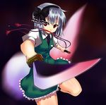  black_hairband hairband hitodama katana konpaku_youmu konpaku_youmu_(ghost) mouth_hold red_eyes ribbon short_hair silver_hair solo sword touhou tsujigiri weapon 