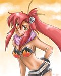  belt bikini_top hair_ornament hair_stick leaning_forward long_hair midriff red_hair scarf short_shorts shorts skull smile solo sunset tengen_toppa_gurren_lagann very_long_hair yellow_eyes yoko_littner 