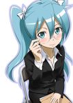  adjusting_eyewear bespectacled blue_eyes blue_hair blush business_suit formal glasses hair_ribbon hatsune_miku long_hair ribbon sitting solo suit twintails vocaloid youkan 