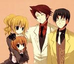  2girls black_hair blonde_hair multiple_boys multiple_girls orange_hair red_hair suzushiro_kurumi umineko_no_naku_koro_ni ushiromiya_battler ushiromiya_george ushiromiya_jessica ushiromiya_maria 