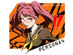  brown_eyes earrings glasses jewelry kujikawa_rise one_eye_closed persona persona_4 pink-framed_eyewear pink_hair school_uniform serafuku simosi solo twintails yasogami_school_uniform 