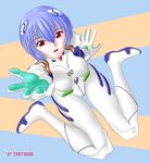  ^jj^ ayanami_rei blue_hair bodysuit foreshortening gloves hair_ornament hairclip hands neon_genesis_evangelion outstretched_arm outstretched_hand plugsuit reaching red_eyes short_hair sitting solo white_bodysuit 