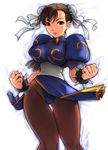  aura bad_id bad_pixiv_id bracelet breasts brown_eyes brown_hair bun_cover china_dress chinese_clothes chun-li double_bun dress jewelry large_breasts panties pantyhose pelvic_curtain sash solo spiked_bracelet spikes street_fighter underwear yoko_juusuke 