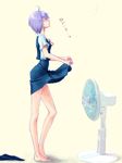  ahoge ayanami_rei barefoot blue_hair electric_fan fanning_crotch fanning_self ichimatsu_nana neon_genesis_evangelion red_eyes school_uniform short_hair skirt skirt_lift solo translated 