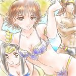  2girls armlet armpits artist_request bandana bent_over bikini blue_bikini brown_eyes brown_hair collarbone crossed_arms downblouse hat inahime_(sengoku_musou) ishida_mitsunari_(sengoku_musou) looking_at_viewer male_swimwear multiple_girls navel sengoku_musou sengoku_musou_2 short_hair sketch stomach straw_hat swim_briefs swimsuit swimwear tachibana_ginchiyo toned toned_male topless 