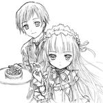  blush bonnet food gosick kujou_kazuya lolita lolita_fashion long_hair monochrome necktie ribbon ribbons sketch smile tray victorica_de_blois victorique_de_broix 