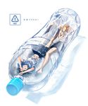  barefoot black_hair blonde_hair bottle closed_eyes feet highres in_bottle in_container lying minigirl multiple_girls nail_polish original school_uniform see-through serafuku shiitake_urimo short_hair sleeping soles toes translated water water_bottle wet wet_clothes 