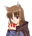  :3 animal_ears animated animated_gif apple blush brown_hair closed_eyes eating fang food fruit happy holding holding_food holding_fruit holo long_hair red_eyes solo spice_and_wolf 
