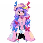  blush book book_hug chibi hat holding holding_book kanikama long_hair patchouli_knowledge purple_hair ribbon simple_background solo standing tears touhou v_arms 