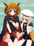  blonde_hair cosplay fate_testarossa fate_testarossa_(cosplay) hinoeya_kiuri lyrical_nanoha mahou_shoujo_lyrical_nanoha multiple_girls skirt skirt_lift takamachi_nanoha unison yagami_hayate 