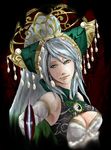  armpits artist_request bare_shoulders breasts cleavage closed_mouth green_eyes hat holding holding_sword holding_weapon lips looking_at_viewer medium_breasts musou_orochi musou_orochi_2 nu_wa silver_hair solo sword tassel weapon 