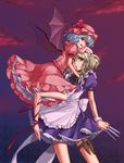  barefoot between_fingers blue_hair feet hat izayoi_sakuya knife maid matilda multiple_girls remilia_scarlet ribbon short_hair silver_hair touhou wings 