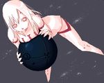  albino ball bent_over biomega breast_press clothes_writing face kanoe_fuyu looking_at_viewer lowres oomori_harusame red_eyes solo spread_legs white_hair 