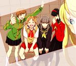  3boys amagi_yukiko blush crossdressing embarrassed hanamura_yousuke humiliation kimidori_(mb4) kuma_(persona_4) multiple_boys multiple_girls narukami_yuu otoko_no_ko pantyhose persona persona_4 photo_(object) pose satonaka_chie school_uniform tears yasogami_school_uniform 