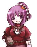  alternate_hairstyle futami_yayoi hair_ornament leaf leaf_hair_ornament lowres ponytail purple_eyes purple_hair solo touhou yasaka_kanako 