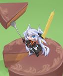  blue_eyes cake candle food fork gauntlets green_background highres long_hair minigirl mof mof's_silver_haired_twintailed_girl open_mouth original pastry silver_hair simple_background slice_of_cake solo standing twintails very_long_hair 