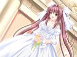  antenna_hair blush bouquet bow breasts brown_eyes chocolat_maid_cafe_curio dress flower game_cg gloves gown hair_bow hair_intakes large_breasts manai_misato nekonyan open_mouth solo twintails wedding_dress 