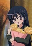  bag black_hair bread brown_eyes food long_hair lowres melon_bread non-web_source paper_bag school_uniform shakugan_no_shana shana solo 