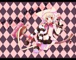  argyle argyle_background bad_id bad_pixiv_id bell bow broom broom_riding brown_eyes candy checkered fang food hat hits lollipop long_hair original ribbon sakurai_yuyu sidesaddle solo striped striped_legwear swirl_lollipop tail thighhighs twintails wallpaper 
