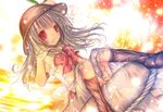  bad_id bad_pixiv_id food fruit hat hinanawi_tenshi kasuga_sunao keystone long_hair peach red_eyes ribbon rope shimenawa solo touhou 