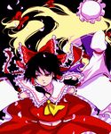  black_hair blonde_hair bow cherry_blossoms detached_sleeves dress frills frown hair_bow hakurei_reimu hat long_hair midriff multiple_girls navel nugaa outstretched_arms petals red_eyes spread_arms touhou very_long_hair yakumo_yukari 