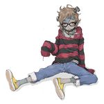  bad_id bad_pixiv_id belt brown_hair collar copyright_request denim earrings glasses jeans jewelry pants patches red_eyes screw solo stitches striped sweater tamaoki_benkyou zombie 