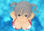  blue_eyes breasts copyright_request from_above kiriman_(souldeep) large_breasts looking_at_viewer silver_hair solo swimsuit twintails 