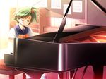  amachi_matsuri blush closed_eyes game_cg grand_piano green_hair hiide instrument piano piano_bench school_uniform serafuku side_ponytail solo yotsunoha 