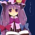  blue_background book collar crescent hat long_hair looking_at_viewer lowres mob_cap open_book patchouli_knowledge purple_eyes purple_hair rin_(royal) sidelocks simple_background solo speech_bubble striped talking text_focus touhou upper_body vertical_stripes 