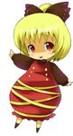  black_bow blonde_hair bow buttons chibi dress hair_bow kurodani_yamame long_sleeves looking_at_viewer michii_yuuki outstretched_arm ponytail red_dress red_eyes shaded_face short_hair solo tareme touhou 