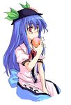  blue_hair eating food fruit hat hinanawi_tenshi hirase_yuu holding holding_food holding_fruit leaf long_hair oekaki peach red_eyes solo touhou 