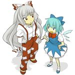  aqua_hair blue_eyes bow cirno from_above fujiwara_no_mokou grey_hair hair_bow hands_in_pockets hands_on_hips multiple_girls red_eyes ririvery sidelocks simple_background standing sweat touhou wings 
