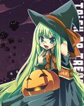  copyright_request glasses green_hair halloween jack-o'-lantern kaisanbutsu pumpkin purple_background solo trick_or_treat witch 