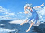  bad_id bad_pixiv_id barefoot blue_hair cirno cloud day flying lake ribbon short_hair sky solo touhou wings yuuta_(tokoton_hirune_hiyori) 