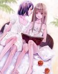  apple bad_id bad_pixiv_id barefoot bed book brown_hair feet food fruit fukahire_(ruinon) highres holding holding_book long_hair multiple_girls open_book original purple_hair short_hair sitting whispering 