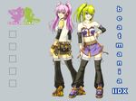  1280x960 bare_shoulders beatmania beatmania_iidx bracelet celica erika goli_matsumoto green_eyes green_hair jewelry kitami_erika midriff mizushiro_celica purple_eyes purple_hair twintails violet_eyes wallpaper 