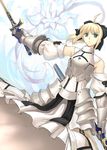 ahoge armor armored_dress artoria_pendragon_(all) blonde_hair detached_sleeves dress fate/stay_night fate/unlimited_codes fate_(series) faulds gauntlets green_eyes hair_ribbon ran'ou_(tamago_no_kimi) ribbon saber saber_lily solo sword weapon 