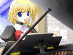  aoi_manabu blonde_hair blue_eyes game_cg grand_piano instrument mochizuki_kokoro open_mouth piano school_uniform short_hair side_ponytail solo white_princess 