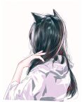  1girl animal_ear_fluff animal_ears arknights black_hair cropped_torso from_behind hand_in_hair hand_up highres jacket long_hair multicolored_hair red_hair runamonet simple_background solo texas_(arknights) two-tone_hair upper_body white_background white_jacket wolf_ears 