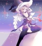  alternate_eye_color arms_up blonde_hair boots djeeta_(granblue_fantasy) gloves granblue_fantasy hairband hands_on_headwear hat koza_game looking_at_viewer puffy_short_sleeves puffy_sleeves purple_eyes short_hair short_sleeves sitting smile solo sparkle thigh_boots thighhighs warlock_(granblue_fantasy) witch_hat 