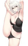  1girl absurdres alternate_costume armpits bangs bare_shoulders black_panties black_tank_top blush breasts cleavage commentary_request eyebrows_visible_through_hair fate/grand_order fate_(series) hair_between_eyes highres jeanne_d&#039;arc_(alter)_(fate) jeanne_d&#039;arc_(fate)_(all) knatb large_breasts midriff mole panties silver_hair split standing standing_on_one_leg standing_split stretched_limb tank_top thighs trembling underwear wavy_mouth white_background yellow_eyes 