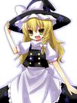  :d apron arm_at_side bangs black_hat black_skirt black_vest blonde_hair bow braid frilled_apron frills hair_between_eyes hair_bow hand_on_headwear hat hat_bow hat_ribbon kirisame_marisa long_hair open_mouth puffy_short_sleeves puffy_sleeves ribbon shirt short_sleeves simple_background skirt smile solo touhou turtleneck vest waist_apron white_apron white_background white_bow white_ribbon white_shirt witch_hat yellow_eyes yuzuki_(yuduame) 