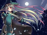  bird bird_on_hand brynhild_schild gloves hair_ribbon long_hair moon multicolored_hair night owari_no_chronicle red_eyes ribbon shimakaze solo two-tone_hair witch 