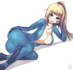  ass ass_grab bad_anatomy blonde_hair blue_eyes bodysuit breasts cleavage corn_syrup covered_nipples curvy hand_on_ass large_breasts metroid open_clothes open_shirt ponytail samus_aran shirt solo spandex zero_suit 