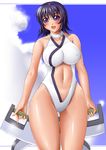  artist_request black_hair blue_eyes blush breasts cloud curvy day iroha_(samurai_spirits) large_breasts navel outdoors samurai_spirits short_hair sky smile solo swimsuit thighs weapon white_swimsuit wide_hips 